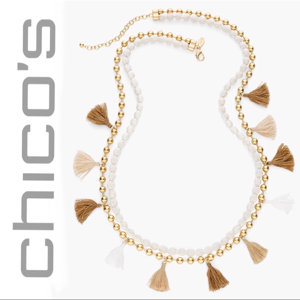 Chico’s Landyn Tassels Necklace Layered Gold Cream